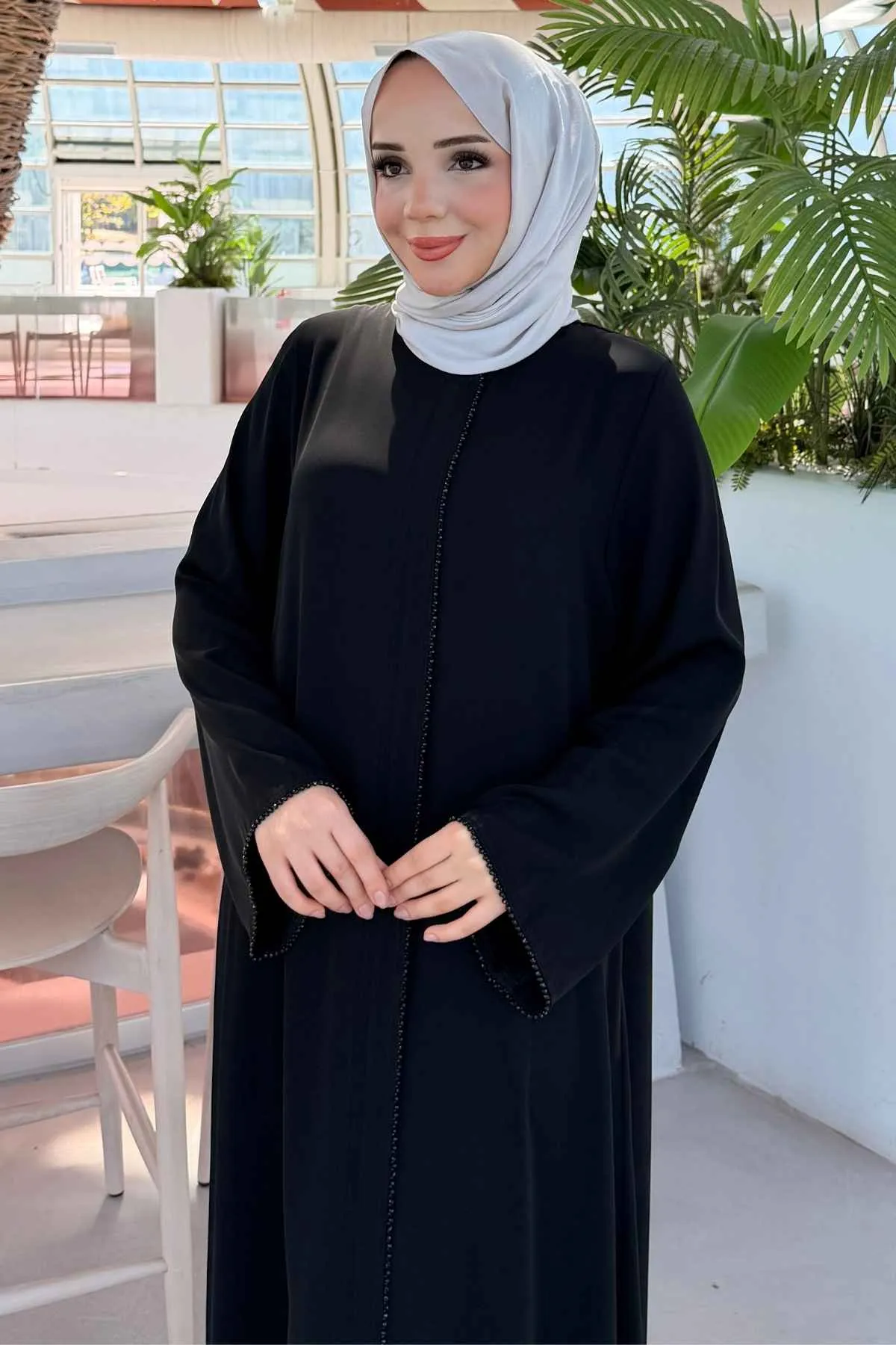 Rabia Taş işleme Biyeli Siyah Ferace 3043