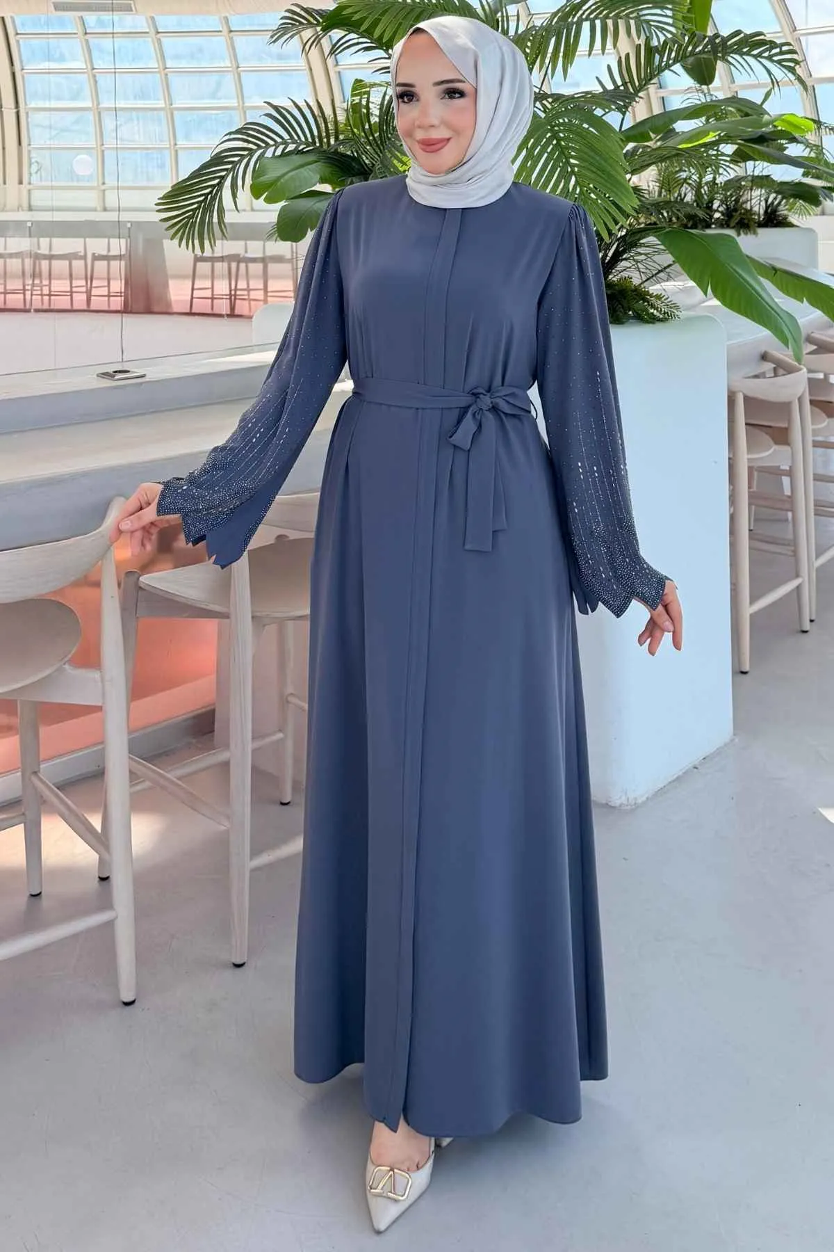 Rabia Premium Kumaş Kolu Taş İşlemeli Gri Ferace 10020