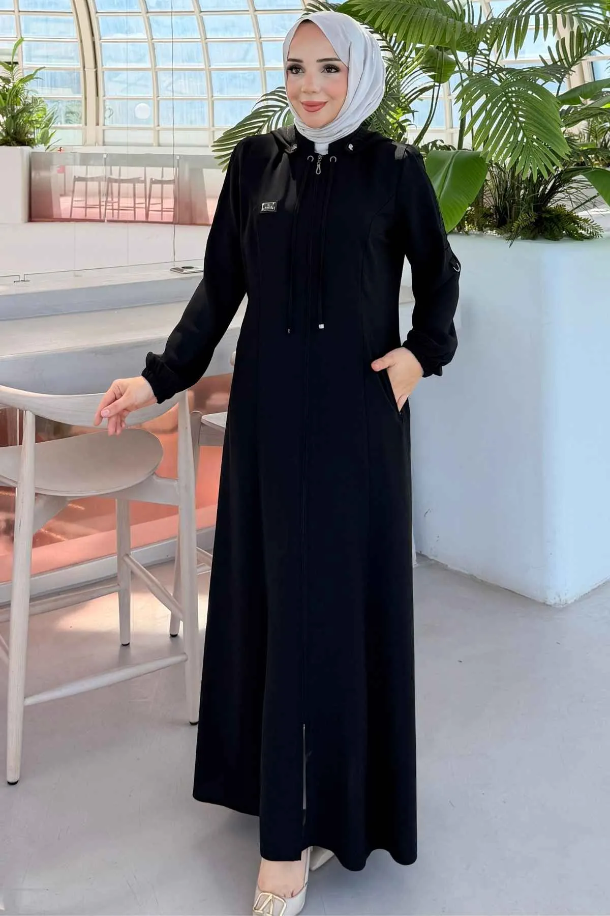 Buhara Kapüşonlu ve Fermuarlı Siyah Spor Ferace 6024