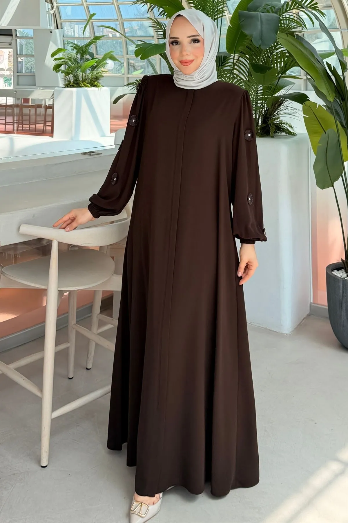 Rabia Çiçek Detaylı Kahverengi Ferace 697