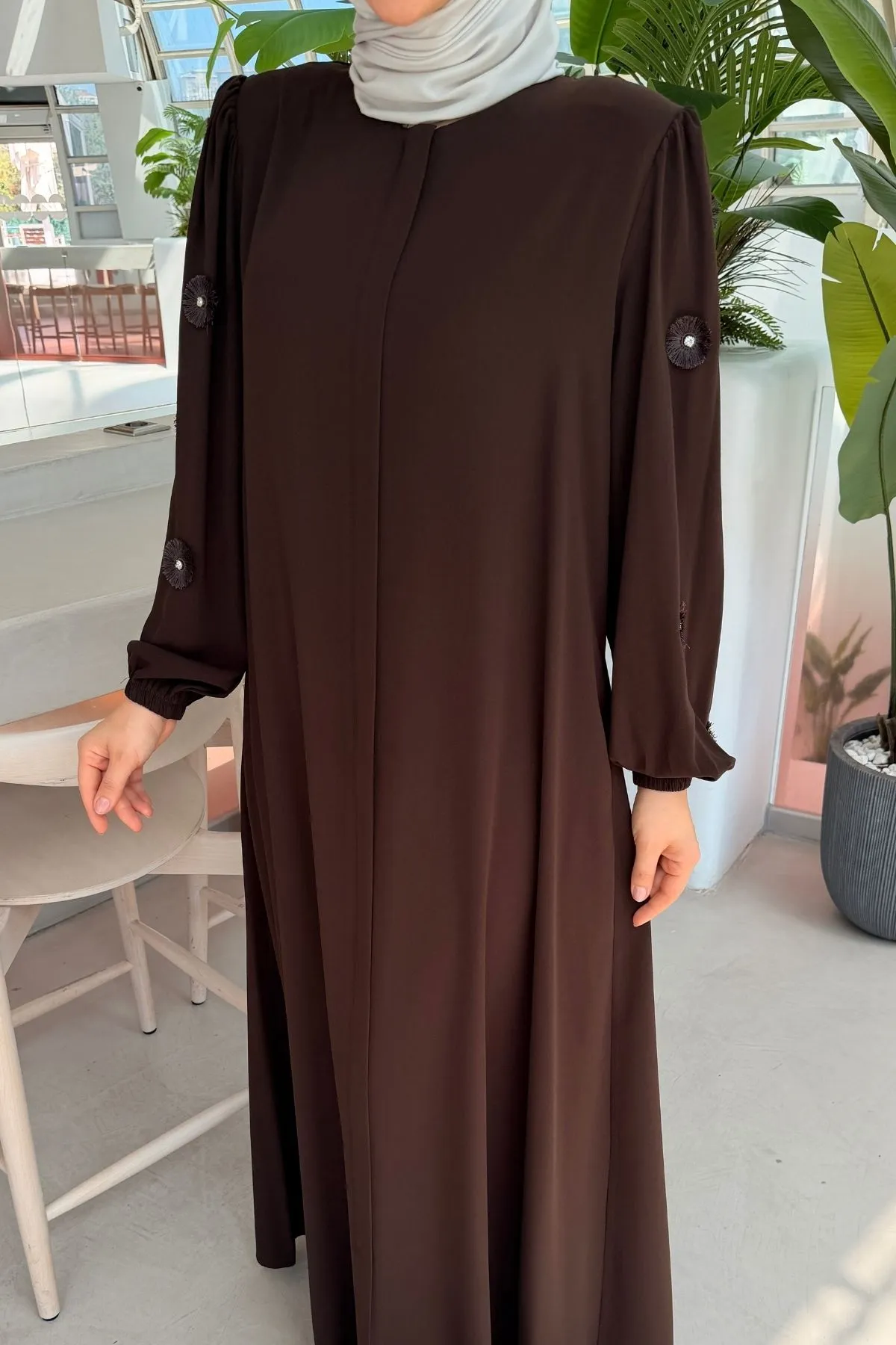 Rabia Çiçek Detaylı Kahverengi Ferace 697