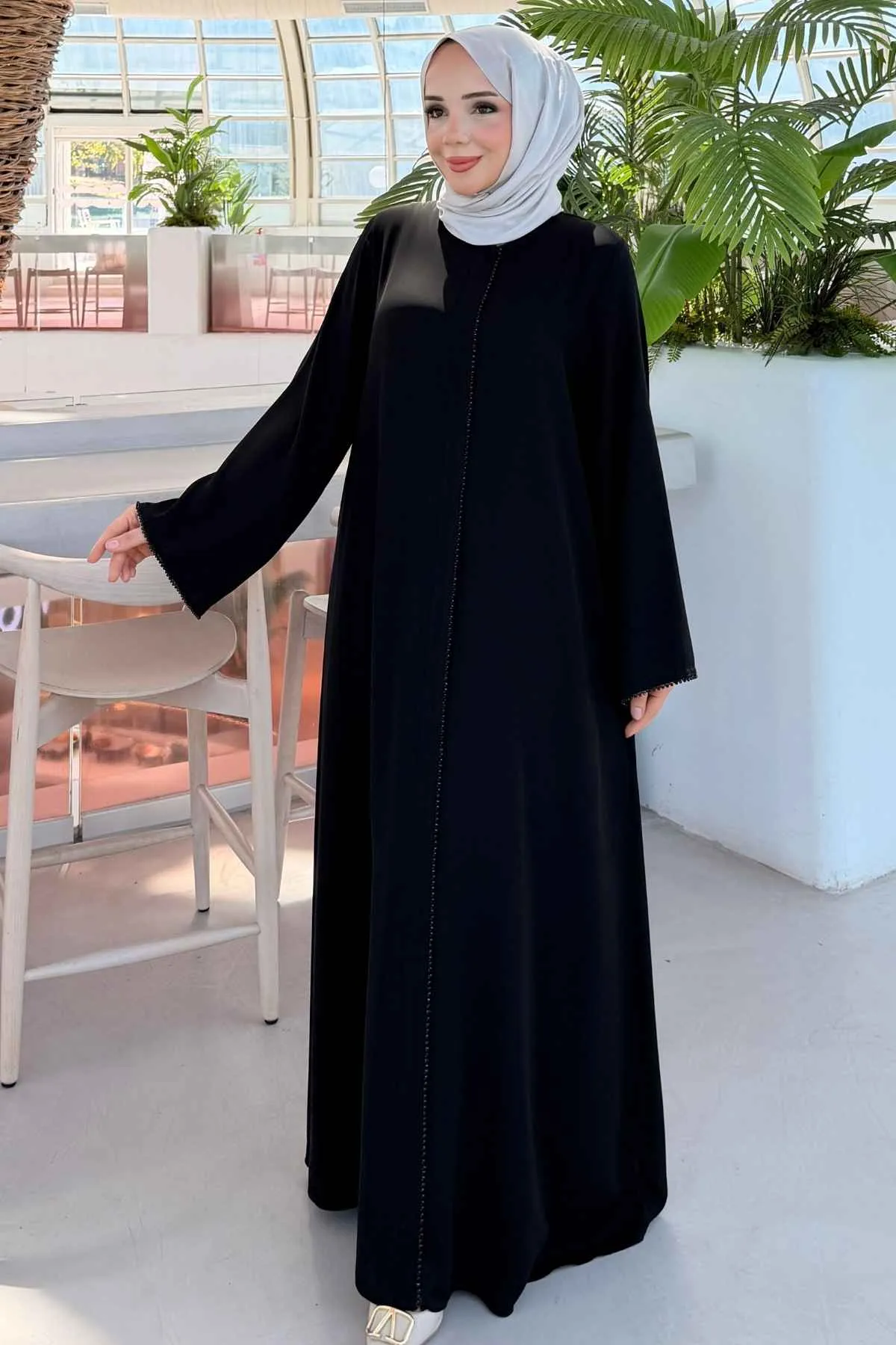Rabia Taş işleme Biyeli Siyah Ferace 3043