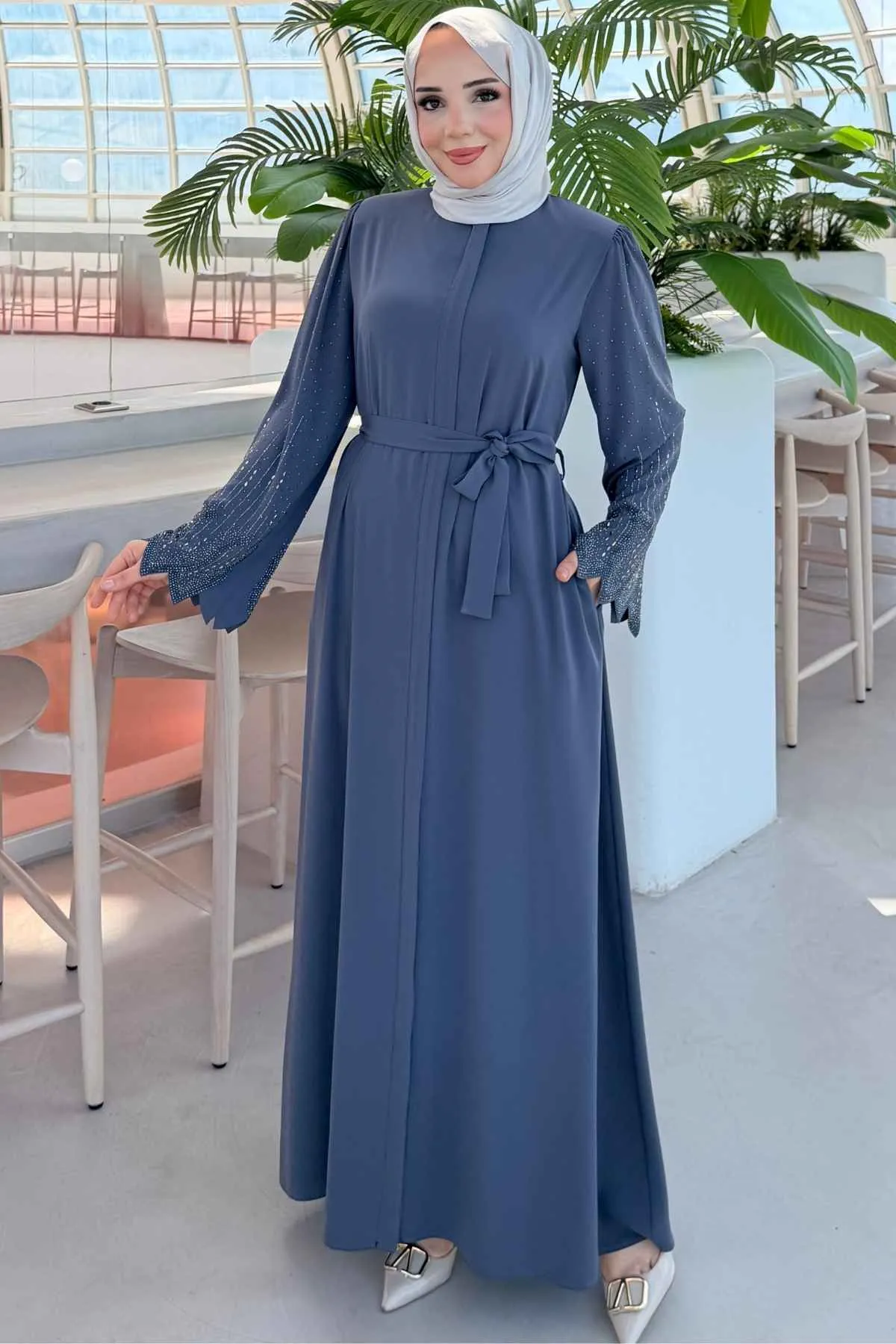 Rabia Premium Kumaş Kolu Taş İşlemeli Gri Ferace 10020