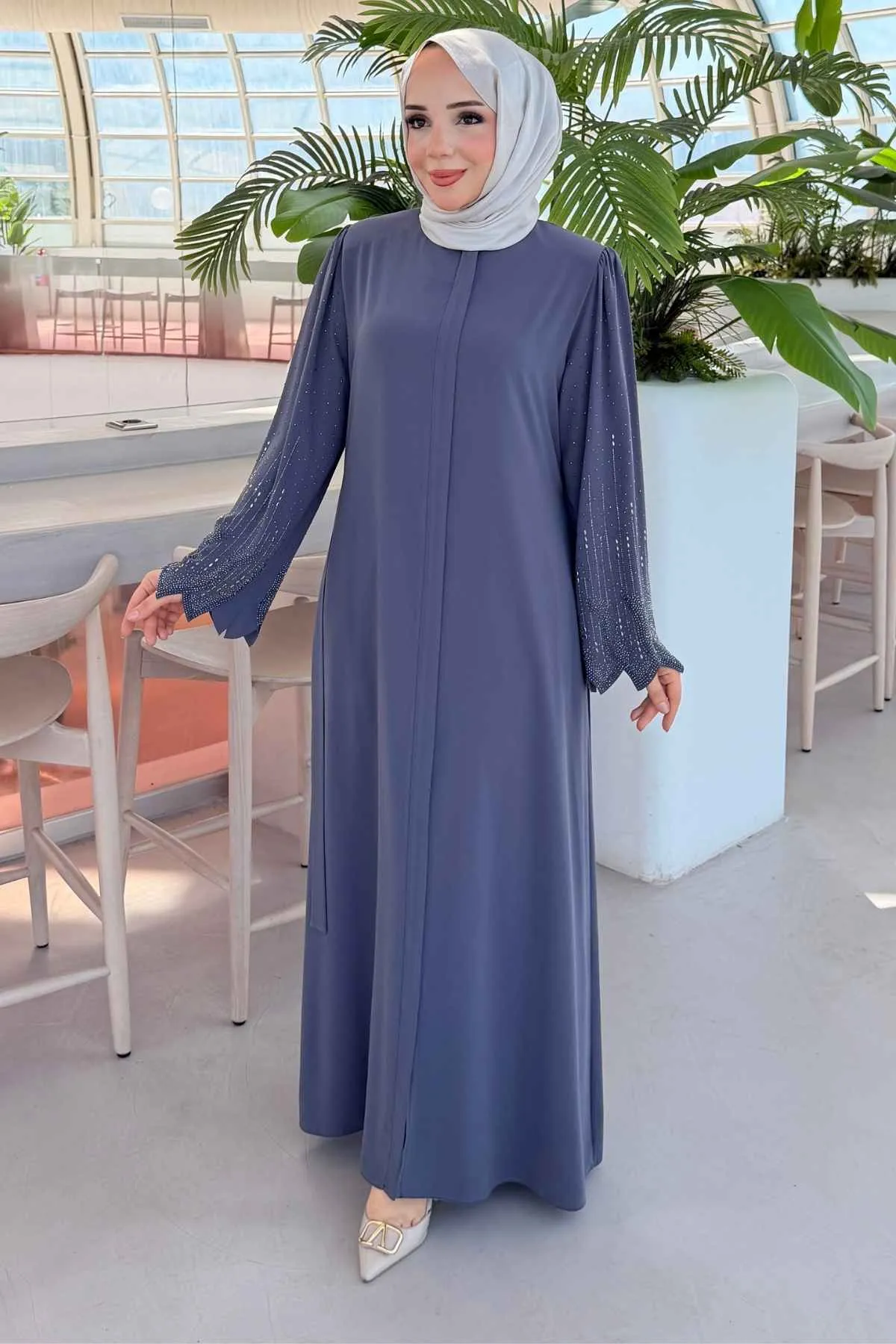 Rabia Premium Kumaş Kolu Taş İşlemeli Gri Ferace 10020
